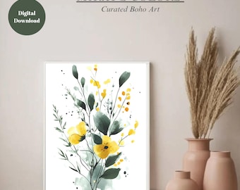 Yellow Watercolor Wildflower Print: Minimalist Botanical Wall Art (Digital Download)