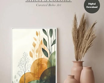Boho Botanical Print: Abstract Green & Orange Leaf Art (Digital Download