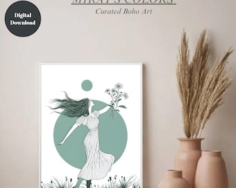 Woman Holding Flowers Minimal Green Poster: Boho Line Art Print (Digital Download)