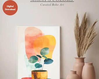 Boho Abstract Plant Print, Geometric Potted Leaf Art (Digital Download)