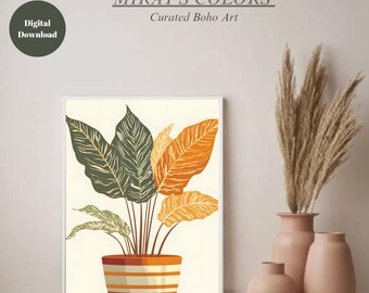Poster digitale botanico astratto arancione verde con decorazione murale di piante tropicali