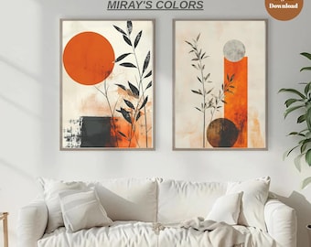 Può includere: Due stampe artistiche astratte incorniciate con toni arancioni, neri e beige. Le stampe presentano forme geometriche, elementi botanici e il testo "MIRAY'S COLORS" e "Digital Download". L'opera d'arte è esposta sopra un divano bianco.