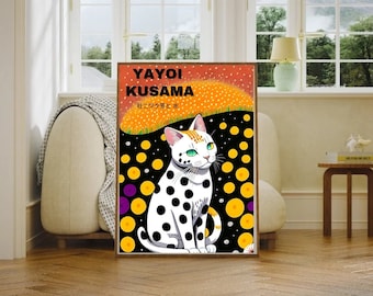 May include: A white cat with black spots sits on a black background with yellow and orange polka dots. The cat has green eyes and orange markings on its ears. The text "YAYOI KUSAMA" and "はこつめと水" is printed above the cat.