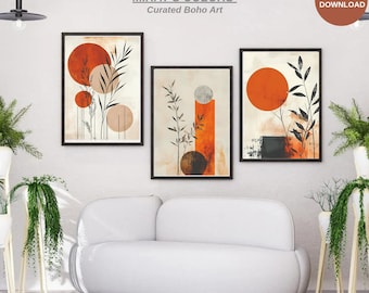 Japandi Wall Art Prints: Terracotta Leaf Line, Minimalist Botanical (Digital Download, Set of 3)