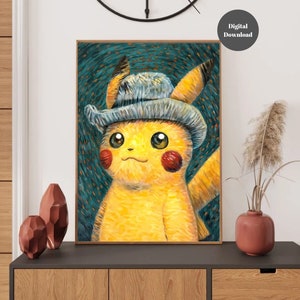 Pikachu van Gogh-afdruk, Pikachu-kunstwerk, Pikachu-illustrator, Pokemon-cadeau, Pokemon-poster, Van Gogh Museum, Pikachu met vilten grijze hoed