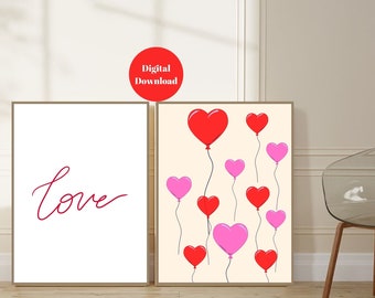 Set van 2 afdrukken, Valentijnsdag galerij kunst aan de muur, rood hart prints, hart print set, Valentijnsdag decor, meisje kamer decor, kwekerij Valentijn