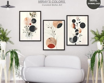Conjunto de impresiones botánicas abstractas bohemias: decoración Japandi en tonos tierra (descarga digital, juego de 3)