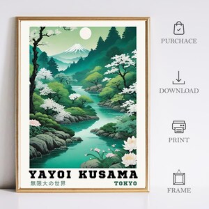 May include: A vintage-style poster featuring a green and blue landscape with a river winding through it. The poster has the text "Yayoi Kusama 無限大の世界 TOKYO" at the bottom.