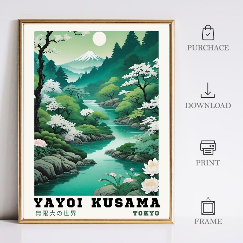 May include: A vintage-style poster featuring a green and blue landscape with a river winding through it. The poster has the text "Yayoi Kusama 無限大の世界 TOKYO" at the bottom.