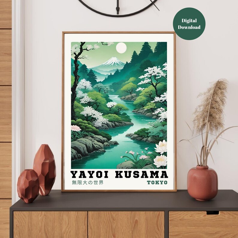 May include: A digital download of a poster featuring a green and blue landscape with a river, mountains, and white flowers. The text "Yayoi Kusama" and "無限大の世界" (meaning "Infinity of the World") is at the bottom of the poster.