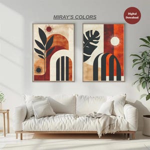 Mid Century Modern Wall Art Set of 2 - Japandi Boho Abstract Prints, Neutral Textured Minimalist Home Decor for Living Room or Office