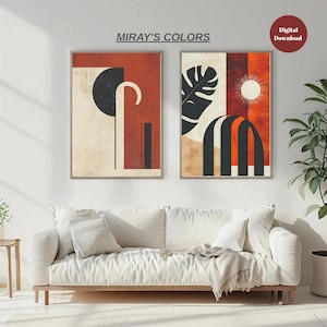 Boho Japandi Wall Art Set of 2 | Minimalist Abstract Sun and Leaf Posters in Beige and Burnt Orange Neutral Printable Artwork