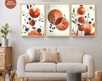 Può includere: Tre stampe artistiche incorniciate con disegni astratti. Ogni stampa presenta forme circolari arancioni e nere con elementi botanici su sfondo bianco. Il testo "MIRAY'S COLORS" e "Curated Boho Art" è visibile.