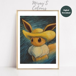 Pokémon Van Gogh Print, Eevee Artwork, Eevee Print, Pokemon Artwork, Pokemon Print, Van Gogh, Eevee With Straw Hat, Eevee Van Gogh Museum.