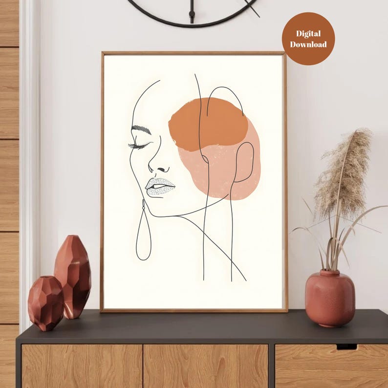 Minimalist Line Art Print: Abstract Woman Face in Warm Neutral Tones ...