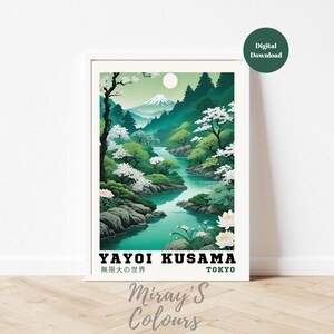 May include: A digital download of a vintage-style poster featuring a green and blue landscape with a river, trees, and a mountain in the background. The text on the poster reads "Yayoi Kusama 無限大の世界 TOKYO".