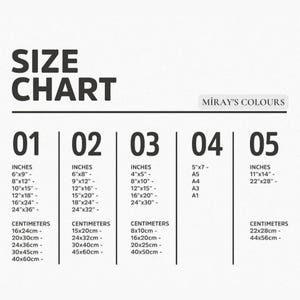 May include: Size chart for prints, showing different sizes in inches and centimeters. The chart is divided into five sections, each with a number from 01 to 05. The chart also includes paper sizes A5, A4, A3, and A1.