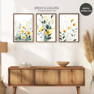 Boho Watercolor Floral Wall Art Set of 3, Wildflower Botanical Prints, Summer Flowers Watercolor Art, Printable Boho Wall Decor