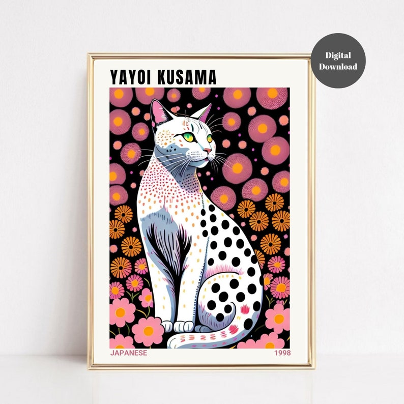 May include: Digital download art print featuring a stylized white cat with black spots, green eyes, and pink ears. The artwork is set against a backdrop of pink and orange flowers on a black background. The text "YAYOI KUSAMA" is at the top.