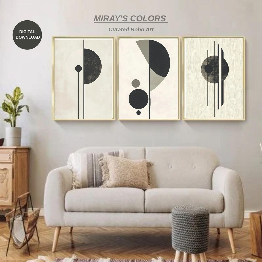 Minimalist Abstract Triptych: Beige and Black Wall Art Set of 3 Prints ...