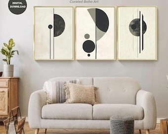Tríptico abstracto minimalista: conjunto de 3 impresiones de arte mural en beige y negro (descarga digital)