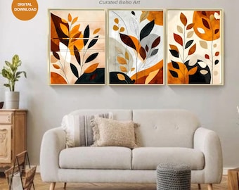 May include: Three framed art prints with abstract botanical designs in shades of orange, black, and beige. The artwork features stylized leaves and geometric shapes. The text "MIRAY'S COLORS" and "Curated Boho Art" are displayed above the prints. A "DIGITAL DOWNLOAD" sticker is in the corner.