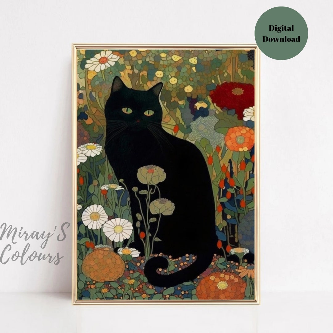 Cat Art Print, Gustav Klimt, Black Cat in A Garden Museum Wall Art ...