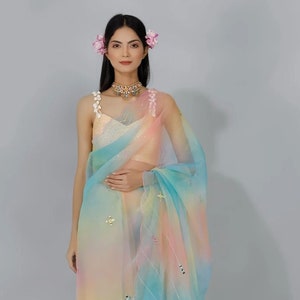 Soft Satin Organza Rainbow Padding Print In All Over Saree With Handwork Cut Dana Real Mirror Work Saree With Contrast Silk Blouse