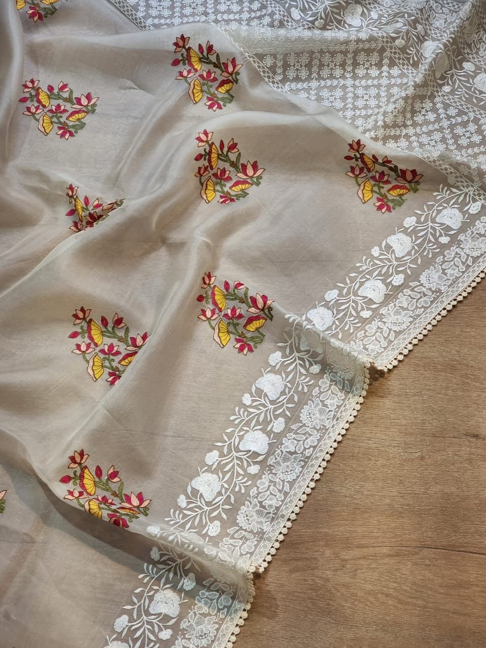 Pure Organza Saree With Beautiful Lucknowi Embroidery & Colour - Etsy