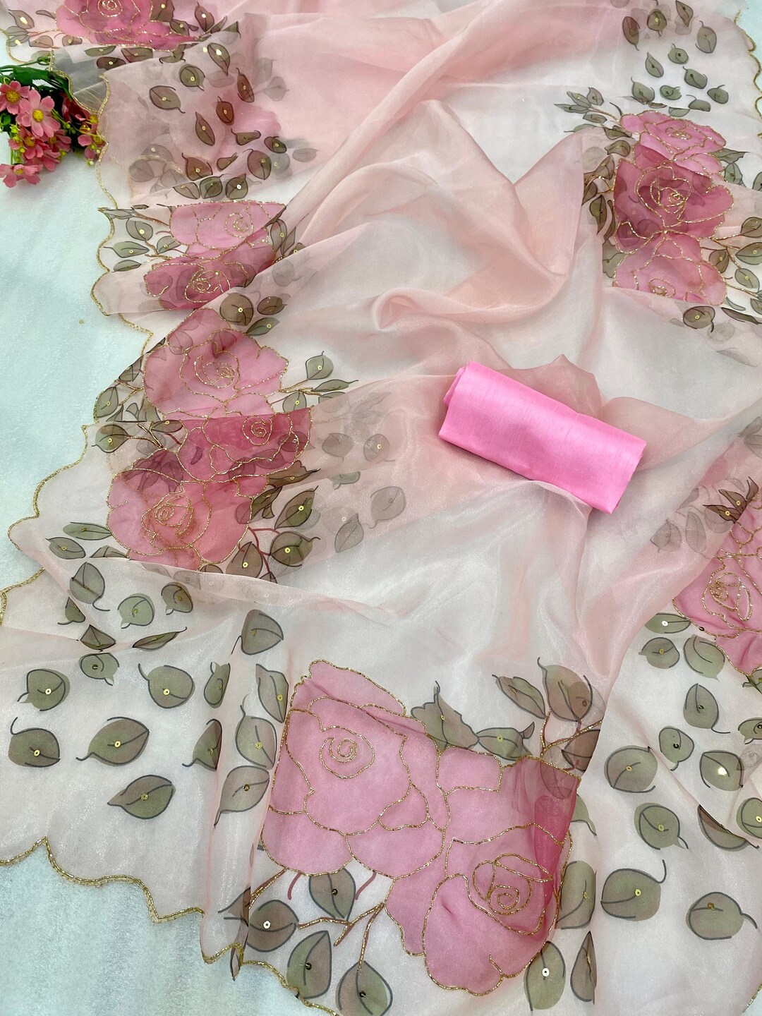 Women's Organza Digital print Hand Work Pista Saree With Blouse Piece