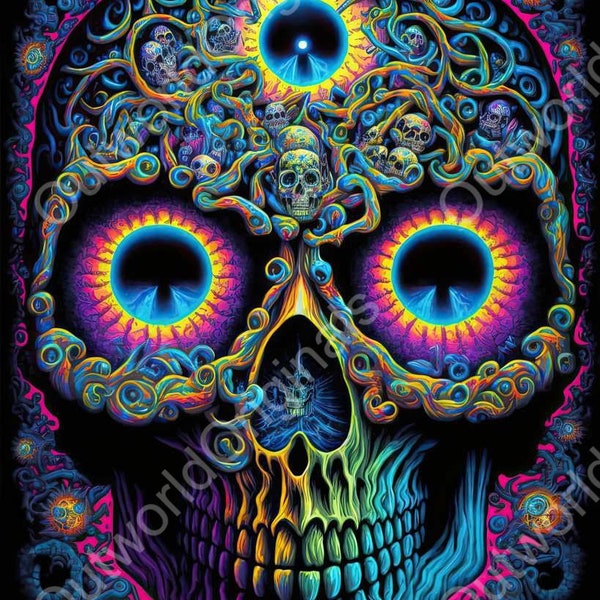 BLACKLIGHT SKULL Digital Vibrant Color Design Blacklight UV Reactive Art Print For Unique Room Decor Experience Skulls Skeleton Heavy Metal