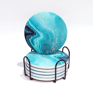 Set of 4 Ceramic Drink Coasters Teal Blue Turquoise Marble Pattern - Absorbent Cork Base - Heat Resistant  - Non-Slip Base - Housewarming