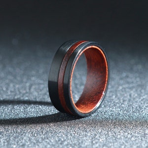 Men's Black Tungsten Carbide - Red Rosewood Inlay 8mm Size 7-13 - Great Wedding Band or Gift for Men - Hand Crafted Solid Walnut Box