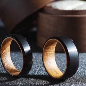 Men's 8/6mm Black Tungsten Ring Whiskey Barrel Wood - Solid Walnut Box - Valentines ring - Wedding Band - Promise ring Gift - Statement