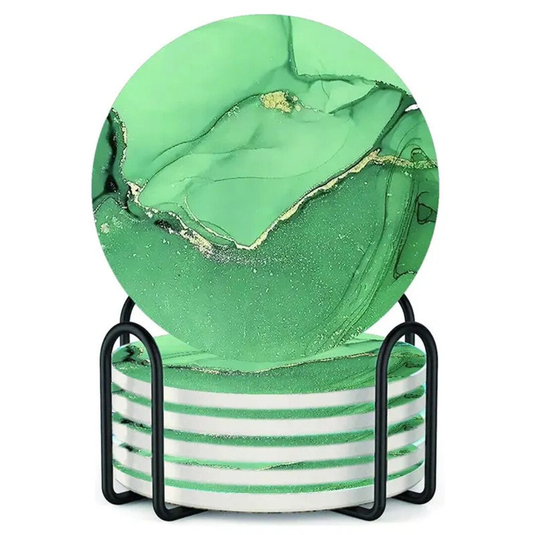 Set of 4 Ceramic Drink Coasters Bright Forest Green Pattern Etsy