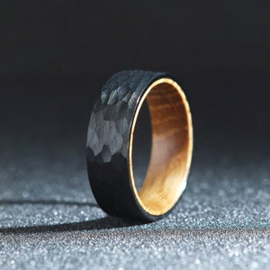 Men's Black Hammered Tungsten Solid Wooden Whiskey Barrel Inlay - Ring Size 7-13 - Hand Crafted Solid Walnut Box - Great Gift/ Wedding Band