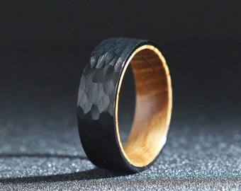 Men's Black Hammered Tungsten Solid Wooden Whiskey Barrel Inlay - Ring Size 7-13 - Hand Crafted Solid Walnut Box - Great Gift/ Wedding Band