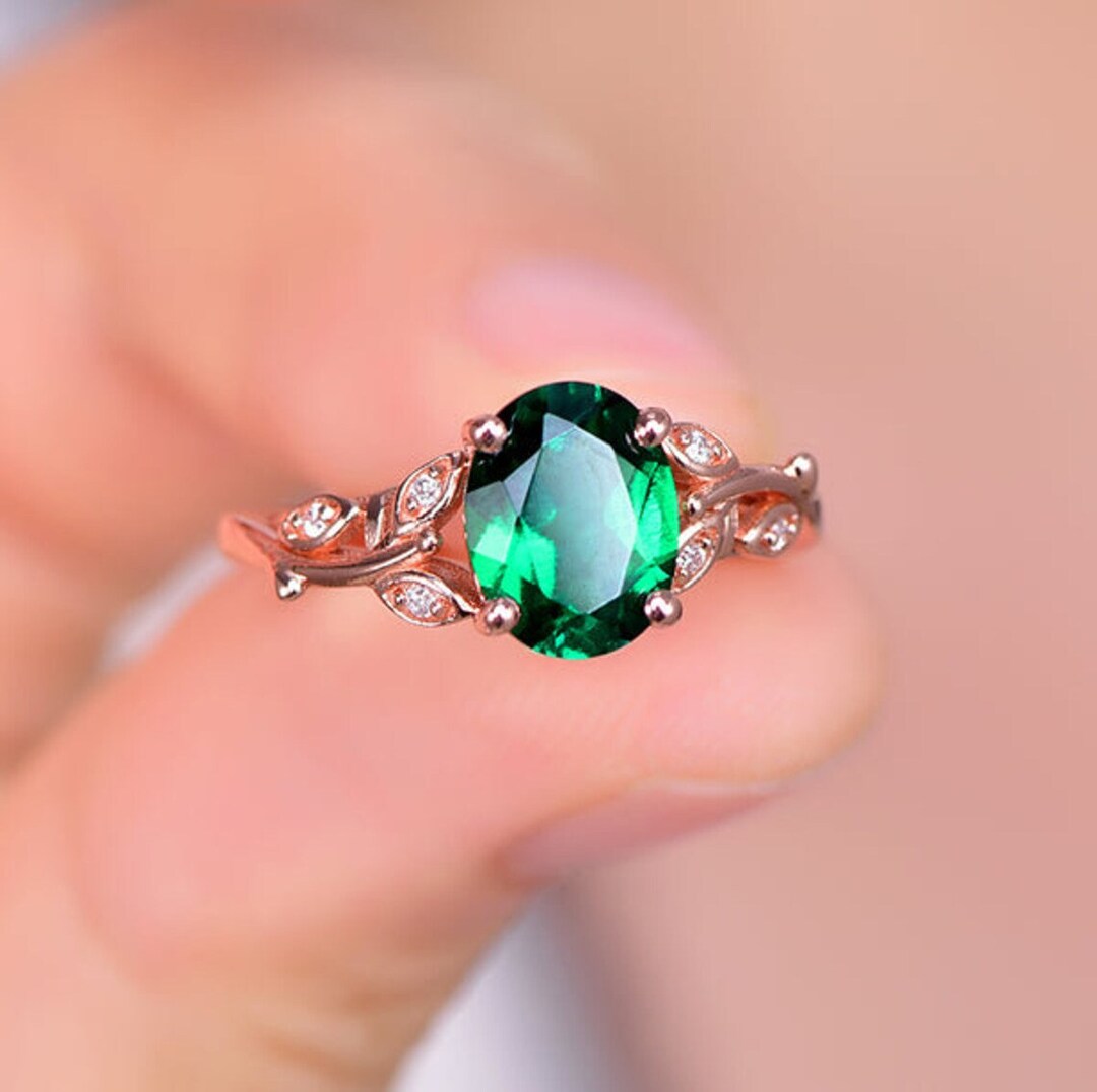 Lab Emerald Ring Sterling Silver Ring Green Gemstone Engagement Ring