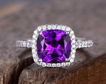 Natural Amethyst Cushion Cut Ring In 925 Sterling Silver Cz Diamond Halo Ring, Beautiful Handmade Vintage Amethyst Engagement Ring For Her