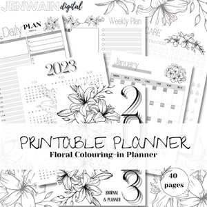 Printable planner, Personal planner bundle, colour in, flowers daily weekly monthly planner with extras