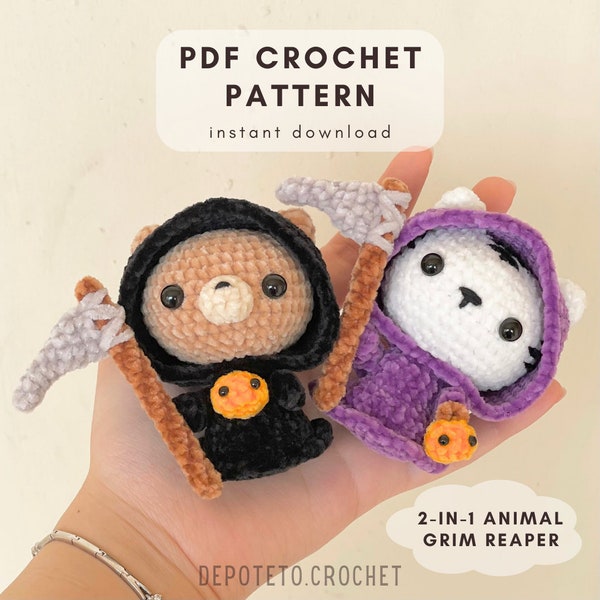 PATTERN Halloween Bear Tiger Grim Reaper, crochet patterns, instant digital download, English Language