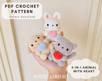 PATTERN Valentine Dog, Bunnies, Cat, Heart, crochet patterns, instant digital download, English Language