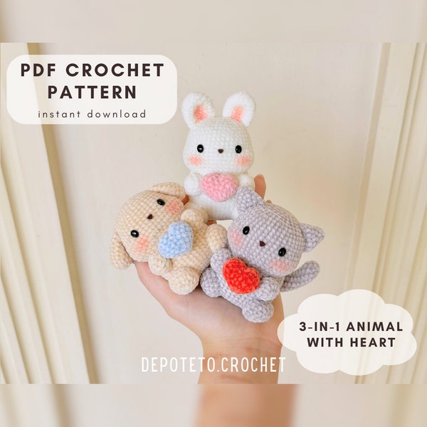 PATTERN Valentine Dog, Bunnies, Cat, Heart, crochet patterns, instant digital download, English Language