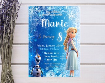 Faire-part d'anniversaire La Reine des neiges, princesse Elsa fille Evite, invitation modifiable la reine des neiges Olaf, invitation numérique la reine des neiges, anniversaire neige hiver Elsa