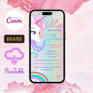 Rainbow Unicorn Electronic Invitation, Editable Pastel Unicorn Party Phone Birthday Evite Template, Digital Colorful Unicorn Birthday Invite
