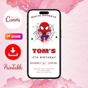 Invito mobile modificabile di Spiderman / Evite festa di compleanno di Spiderman / Evite elettronico di Spider man / Modificabile con Canva / Download istantaneo