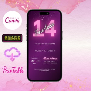 Editable Purple Neon Pink Birthday Invitation, Printable Pink & Purple Neon Birthday Invite, Text Party Invite, Text Message Phone e-Invite