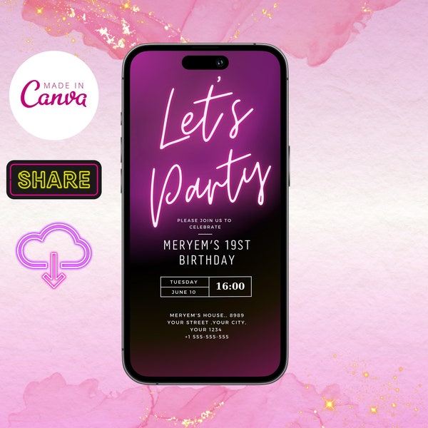 Puple Neon Light Digital Birthday Invitation Template, Text Message Phone Invite, Purple Glow, Teen Party, Girl Party, Any Age Mobile Evite