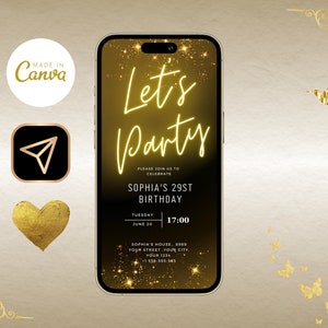 Modelo de convite eletrônico para festa digital com luz dourada neon, convite com mensagem de texto de aniversário, convite eletrônico para festa por telefone para download, convite eletrônico preto neon dourado