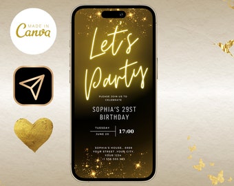 Neon Gold Light Digital Party e-invite Template, Birthday Text Message Invitation, Downloadable Phone Party Evite, Black Neon Gold e-Invite
